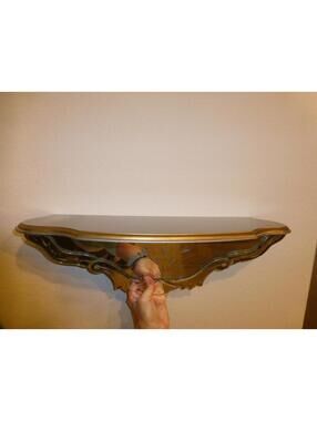 Elegant Mirrored Wall Shelf Console with Etched Glass & Gold Trim Decorative I1